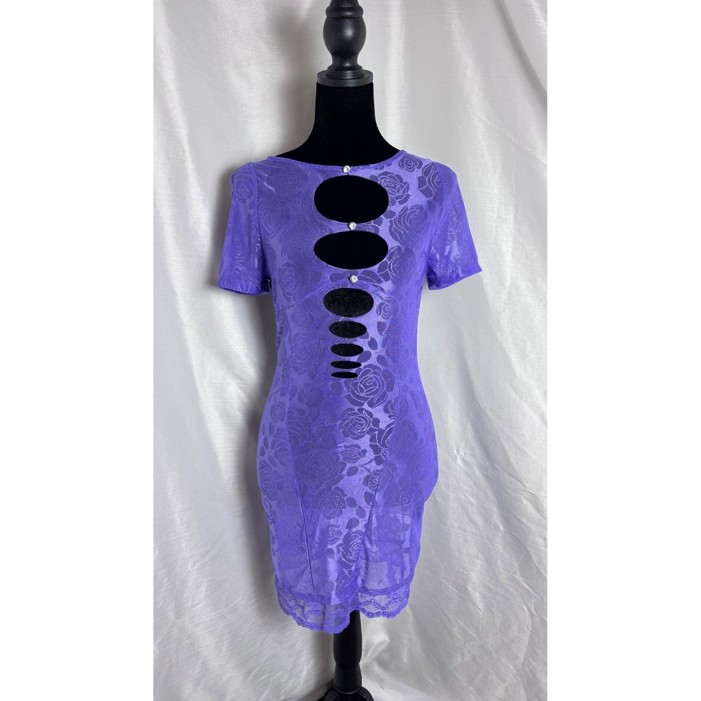 Poster Girl Mini Dress Womens Purple NWOT Y2K Rose Cutout Rhinestone Bodycon